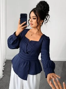 Elenzga Blus Wanita Plus Size Motif Garis Kerah Kotak Lengan Panjang, Kelim Asimetris Pinggang Ketat Potongan A-Line, Gaya Musim Gugur & Dingin - Navy Blue - View 8