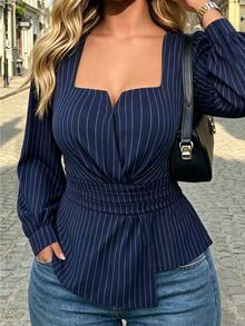 Elenzga Blus Wanita Plus Size Motif Garis Kerah Kotak Lengan Panjang, Kelim Asimetris Pinggang Ketat Potongan A-Line, Gaya Musim Gugur & Dingin - Navy Blue - View 2