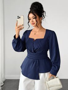 Elenzga Blus Wanita Plus Size Motif Garis Kerah Kotak Lengan Panjang, Kelim Asimetris Pinggang Ketat Potongan A-Line, Gaya Musim Gugur & Dingin - Navy Blue - View 9