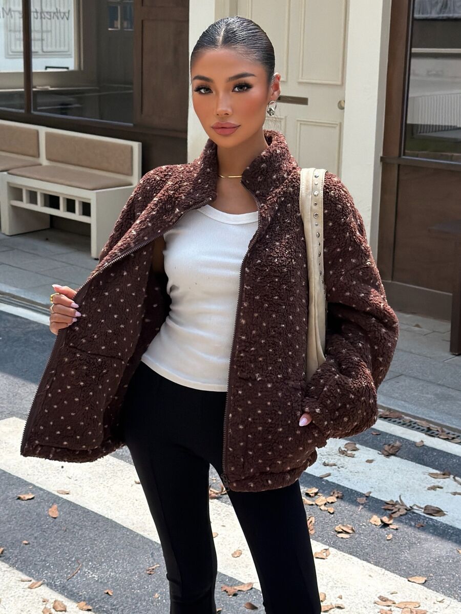 Muchica 棕色毛絨波點女款夾克，拉鍊口袋開襟設計，翻領領口，適合日常通勤、街頭穿搭、派對、秋冬春夏、聖誕節、新年、感恩節、畢業典禮、優雅、外出、約會、通勤、情人節、優雅、Y2K、畢業典禮等場合 - 彩色 - 查看 1