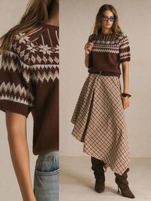 Poéselle Women's Casual Versatile Pullover, Fair Isle Pattern Short Sleeve, Suitable For Daily Wear,Women Fall Winter Sweater,Fashionable Tops - Brown - View 8
