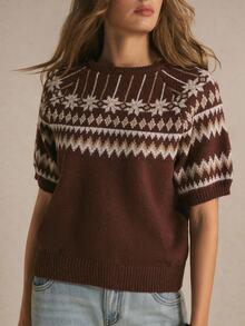 Poéselle Women's Casual Versatile Pullover, Fair Isle Pattern Short Sleeve, Suitable For Daily Wear,Women Fall Winter Sweater,Fashionable Tops - Brown - View 5