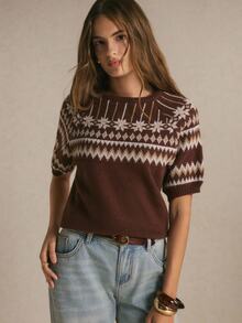 Poéselle Women's Casual Versatile Pullover, Fair Isle Pattern Short Sleeve, Suitable For Daily Wear,Women Fall Winter Sweater,Fashionable Tops - Brown - View 7