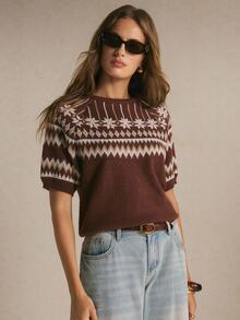 Poéselle Women's Casual Versatile Pullover, Fair Isle Pattern Short Sleeve, Suitable For Daily Wear,Women Fall Winter Sweater,Fashionable Tops - Brown - View 6