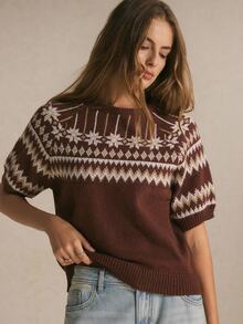 Poéselle Women's Casual Versatile Pullover, Fair Isle Pattern Short Sleeve, Suitable For Daily Wear,Women Fall Winter Sweater,Fashionable Tops - Brown - View 4