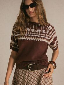 Poéselle Women's Casual Versatile Pullover, Fair Isle Pattern Short Sleeve, Suitable For Daily Wear,Women Fall Winter Sweater,Fashionable Tops - Brown - View 1