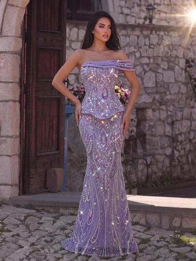 Glamrae Elegant Luxurious Purple New Beaded Bubble Sequin Embroidered Lace Patchwork Elastic Knit Mesh Hand-Crafted Braided Rope Off-Shoulder Sleeve Decor Design Mermaid Skirt Suitable For Wedding Events, Bachelor Party, Vacation, Ball, Festival, Party, Music Festival, Graduation Season, Evening Gown (Heavy Workmanship Style)
