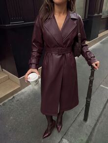 Aloruh 女款酒紅色PU皮革長版外套，秋季優雅通勤酒紅現代街頭風常規服飾，時尚度假休閒穿搭 - 酒紅色 - 查看 4