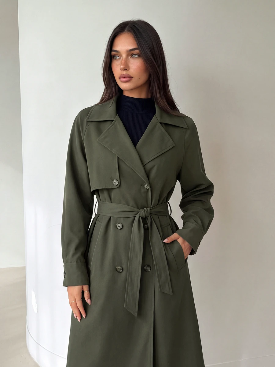 Aloruh Olive Green,Lapel Neck Raglan Sleeve Double Breasted Belted Trench Coat In Fall/Winter.Fall/Winter,Rave Party, Casual Sexy