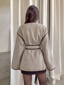 Aloruh 女款休閒優雅拼色裝飾開襟外套/繫帶拼色飾邊粗花呢外套/棕色外套秋季女裝/秋季女裝/冬季女裝/冬季女裝/返校女裝/教師穿搭/商務休閒女裝，秋季，秋季女裝，冬季女裝 - 卡其色 - 查看 6