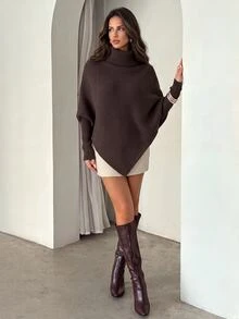Aloruh 女士新款露肩裹身长款毛衣，乳白色，秋冬 - 棕色 - 查看 7