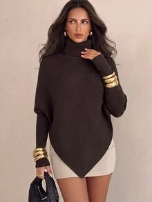 Aloruh 女士新款露肩裹身长款毛衣，乳白色，秋冬 - 棕色 - 查看 1