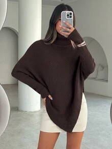 Aloruh 女士新款露肩裹身长款毛衣，乳白色，秋冬 - 棕色 - 查看 5