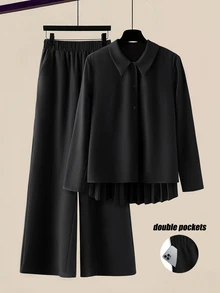 GlowEve CURVE Ditambah Kemeja Belakang Berlipit & Celana Lebar - Hitam - View 4