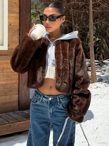 Muchica Women's New Winter Brown Faux Fur Coat For Going Out, Streetwear,Fall Winter 2026 - Brown - View 6