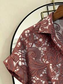 Franclia Fashionable French Design Loose Collared Women's Short Sleeve Shirt, Spring/Summer, Vacation - Coffee Brown - View 4