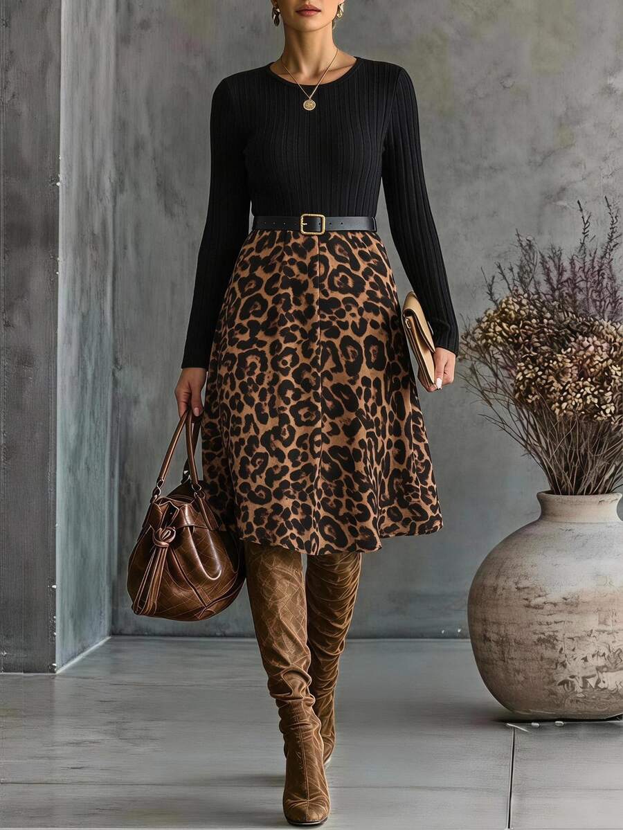 SHEIN Clasi Women's Casual Elegant Leopard Print Patchwork Midi Dress, Autumn Office Brunch Black And White Leopard Print Leopard Print Leopard Print
