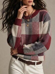 SHEIN Sweater Pullover Kasual Lengan Panjang Leher Bulat Motif Kotak-kotak untuk Wanita - Burgundy - View 4