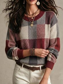 SHEIN Sweater Pullover Kasual Lengan Panjang Leher Bulat Motif Kotak-kotak untuk Wanita - Burgundy - View 6