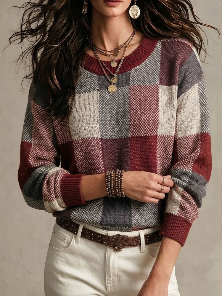 SHEIN Women's Plaid Round Neck Long Sleeve Casual Pullover Sweater - Burgundy - View 6