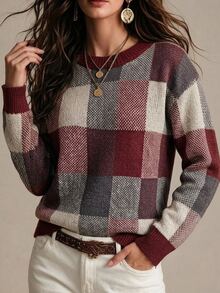 SHEIN Sweater Pullover Kasual Lengan Panjang Leher Bulat Motif Kotak-kotak untuk Wanita - Burgundy - View 5