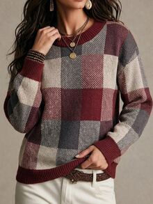 SHEIN Sweater Pullover Kasual Lengan Panjang Leher Bulat Motif Kotak-kotak untuk Wanita - Burgundy - View 3