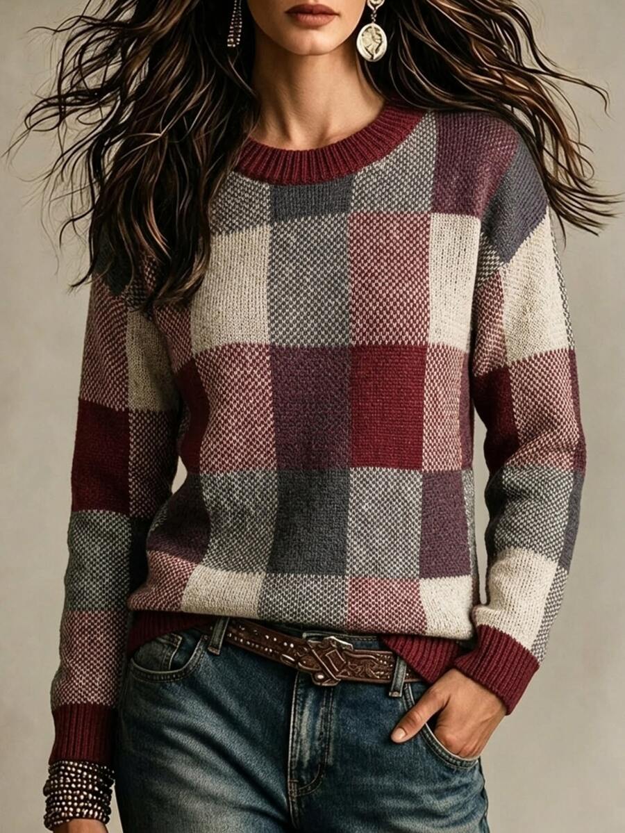 SHEIN Sweater Pullover Kasual Lengan Panjang Leher Bulat Motif Kotak-kotak untuk Wanita - Burgundy - View 1