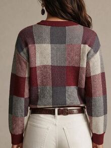 SHEIN Sweater Pullover Kasual Lengan Panjang Leher Bulat Motif Kotak-kotak untuk Wanita - Burgundy - View 2