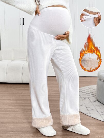 SHEIN กางเกงขายาวสำหรับคุณแม่ตั้งครรภ์ สีขาว ผ้าคอร์ดูรอย บุขนฟลีซหนา สีพื้น เอวปรับได้ ลำลอง ใส่ได้ทุกวัน กางเกงวอร์ม สำหรับฤดูใบไม้ร่วงและฤดูหนาว