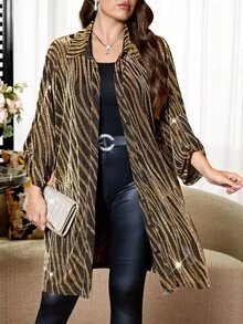 Reflora Plus Size Women's Zebra Print Rolled Sleeve Single-Breasted Long Fashion Shirt - Gold - View 2