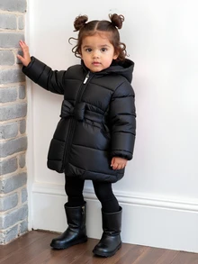 SHEIN Playful Pals 2pcs/Set Baby Girl Autumn&Winter Coat Casual Style Warmer Padded Coat&Girdle Baby Girl Winter Jacket - Black - View 2