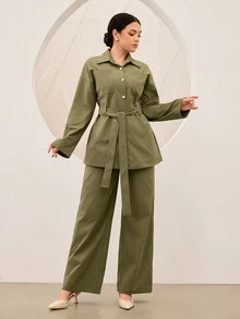 Graceveil Women's Olive Green Casual Modest Fashion Commuter 2 Pieces Set - Army Green - View 6