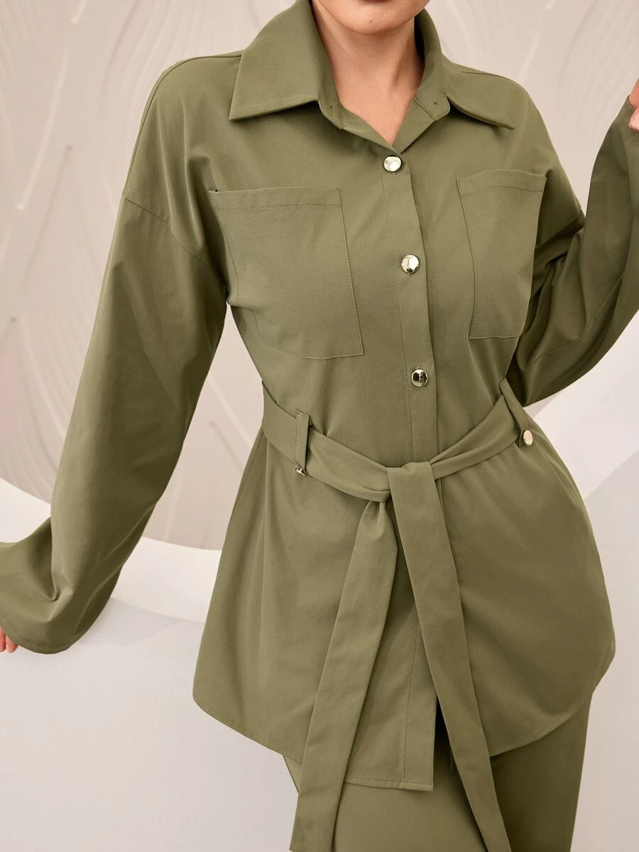 Graceveil Women's Olive Green Casual Modest Fashion Commuter 2 Pieces Set - Army Green - View 1