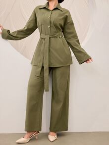 Graceveil Women's Olive Green Casual Modest Fashion Commuter 2 Pieces Set - Army Green - View 5