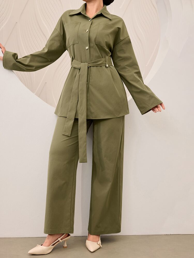 Graceveil 女款橄欖綠休閒端莊時尚通勤兩件套 - 軍綠色 - 查看 1