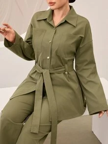 Graceveil Women's Olive Green Casual Modest Fashion Commuter 2 Pieces Set - Army Green - View 7