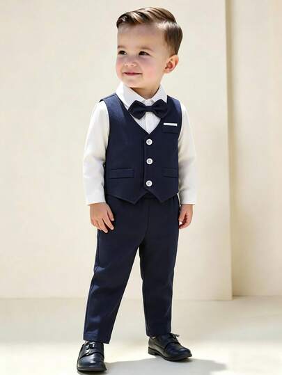 Souflis Souflis Baby Boys 3pcs Baby Boy Gentleman Fashion Suit Set: White Long Sleeve Lapel Shirt With Bowknot + Faux Pocket Single Breasted Vest + Casual Elastic