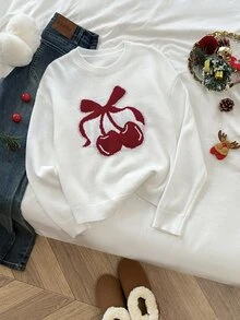 Elamini 女款秋冬歡快圖案舒適時尚蝴蝶結圖案套頭毛衣，適合拍照、派對、聖誕穿搭 - 彩色 - 查看 3