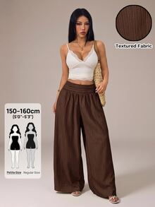 SHEIN PETITE بنطال نسائي طويل فضفاض بقصة واسعة وكسرات بلون موحد كاجوال - بني - مشاهدة 11