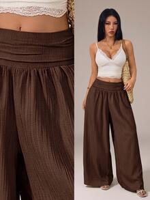 SHEIN PETITE بنطال نسائي طويل فضفاض بقصة واسعة وكسرات بلون موحد كاجوال - بني - مشاهدة 10