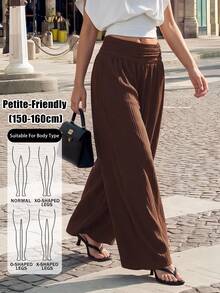 SHEIN PETITE بنطال نسائي طويل فضفاض بقصة واسعة وكسرات بلون موحد كاجوال - بني - مشاهدة 8
