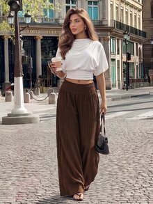 SHEIN PETITE بنطال نسائي طويل فضفاض بقصة واسعة وكسرات بلون موحد كاجوال - بني - مشاهدة 5