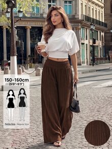 SHEIN PETITE بنطال نسائي طويل فضفاض بقصة واسعة وكسرات بلون موحد كاجوال - بني - مشاهدة 12