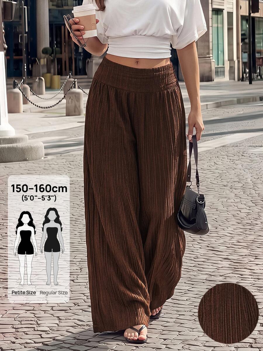 SHEIN PETITE بنطال نسائي طويل فضفاض بقصة واسعة وكسرات بلون موحد كاجوال - بني - مشاهدة 1