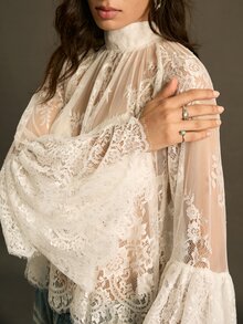 SoleilVie 女士波西米亚复古立领插肩袖优雅衬衫，女士复古优雅性感透视露肩裹胸长袖双层袖口高领上衣，适合圣诞节等节日穿着 - 白色 - 查看 7