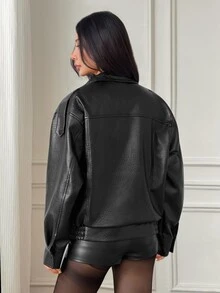 SHEIN PETITE Jaket Wanita Lengan Panjang Bahan PU dengan Kancing dan Resleting - Hitam - View 2