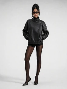 SHEIN PETITE Jaket Wanita Lengan Panjang Bahan PU dengan Kancing dan Resleting - Hitam - View 10
