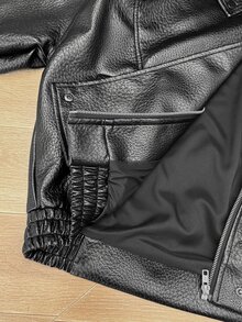 SHEIN PETITE Jaket Wanita Lengan Panjang Bahan PU dengan Kancing dan Resleting - Hitam - View 11