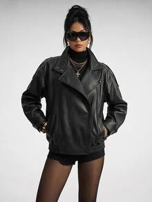 SHEIN PETITE Jaket Wanita Lengan Panjang Bahan PU dengan Kancing dan Resleting - Hitam - View 1