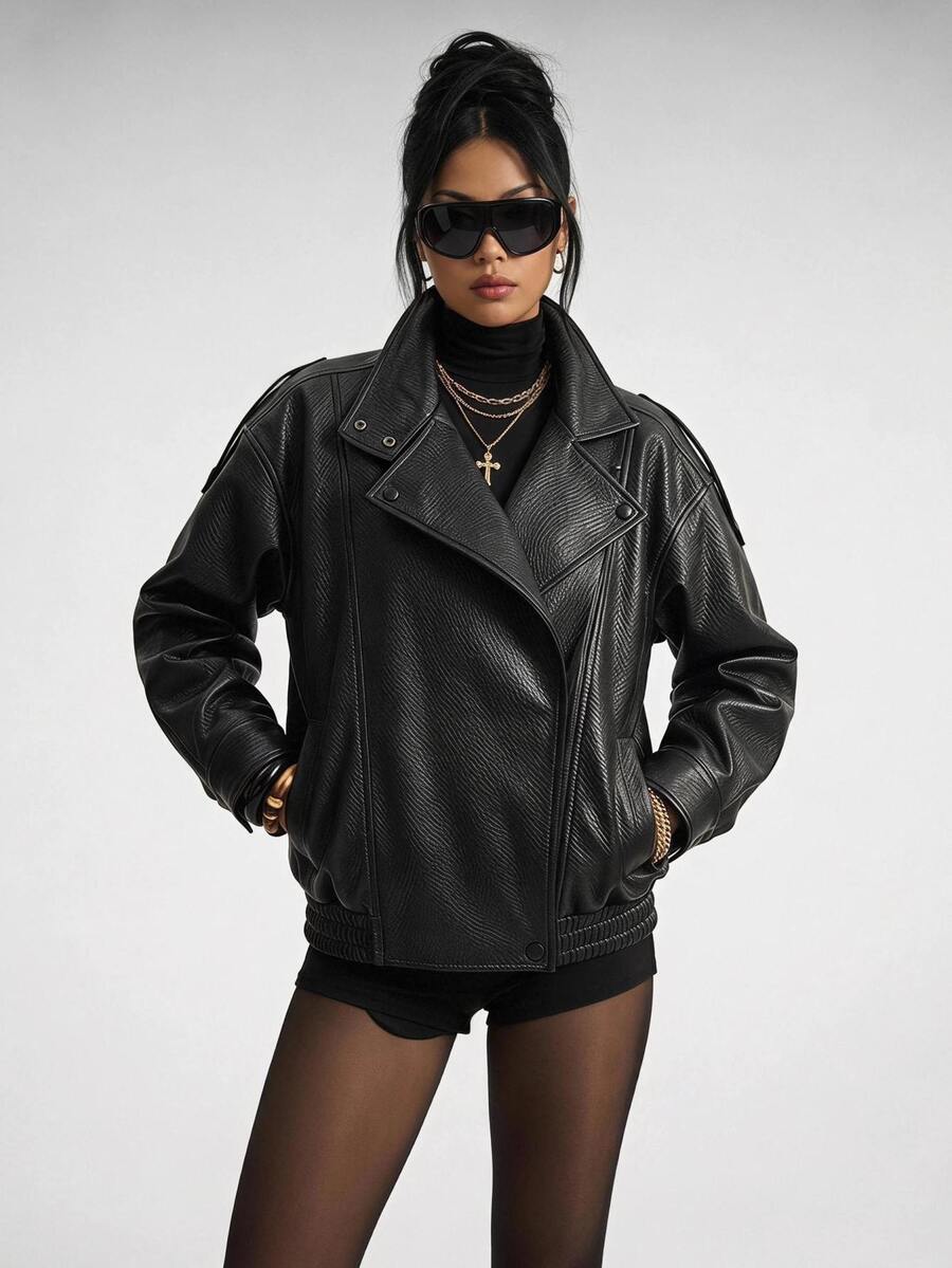 SHEIN PETITE Jaket Wanita Lengan Panjang Bahan PU dengan Kancing dan Resleting - Hitam - View 1